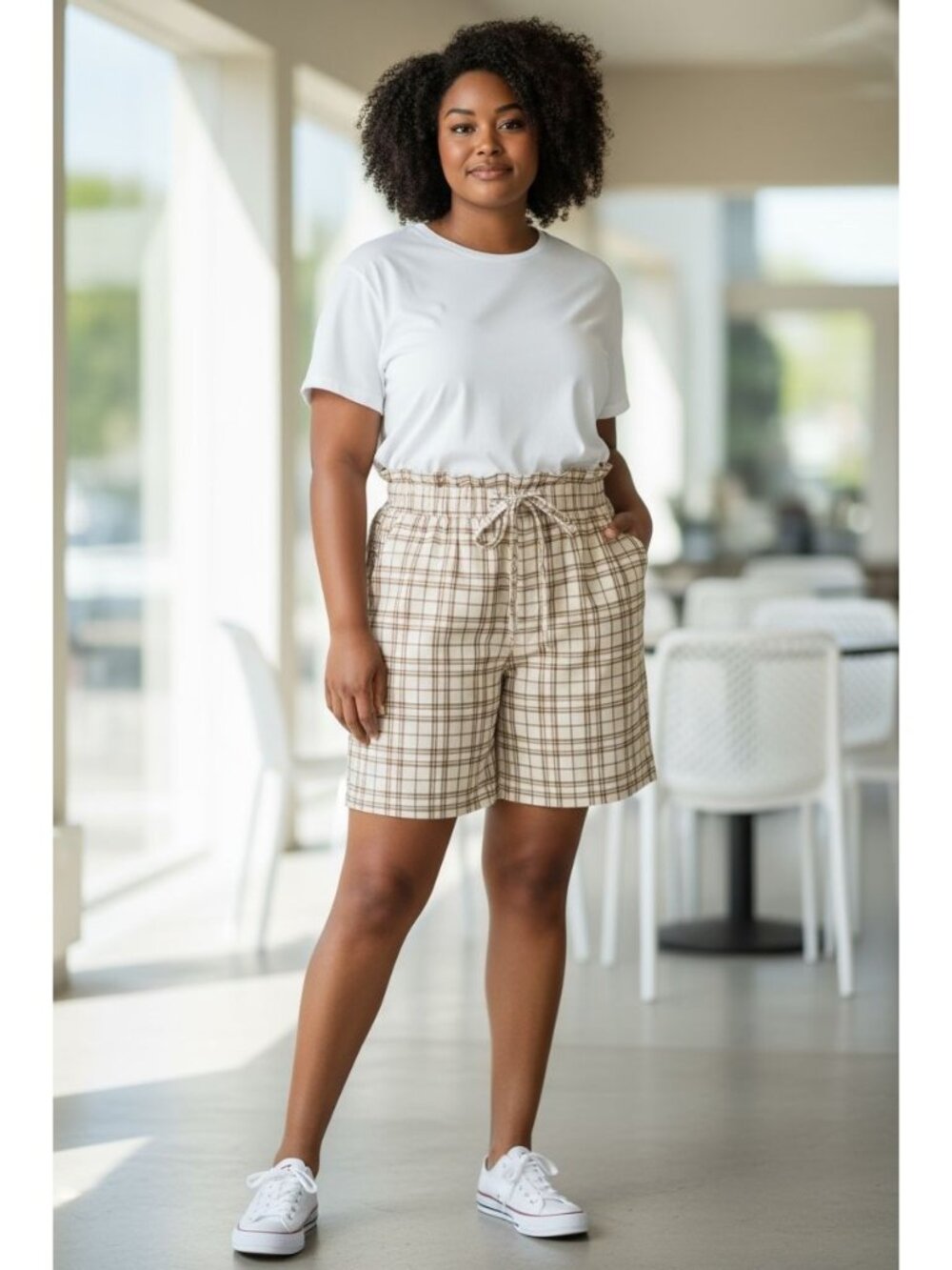 Melrose And Market Women's XXS Plaid High-Waist Shorts With Pockets Drawstring W